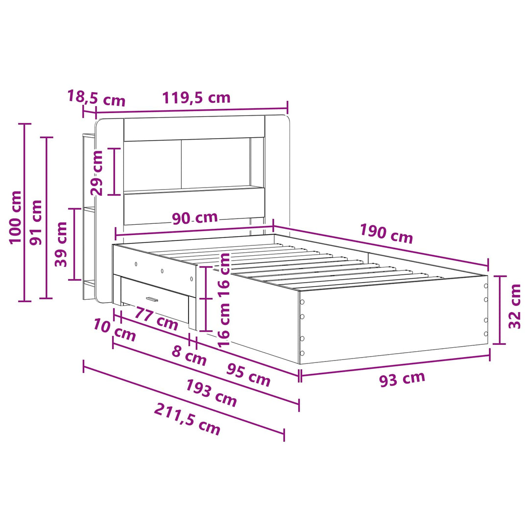 Sengestel med opbevaring Sonoma-eg 90 x 190 cm Konstrueret træ