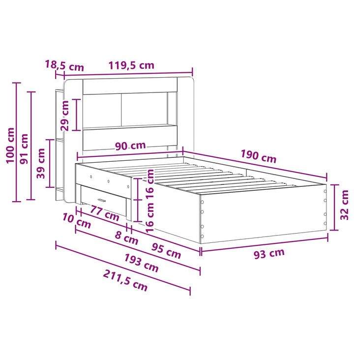 Sengestel med opbevaring Sonoma-eg 90 x 190 cm Konstrueret træ