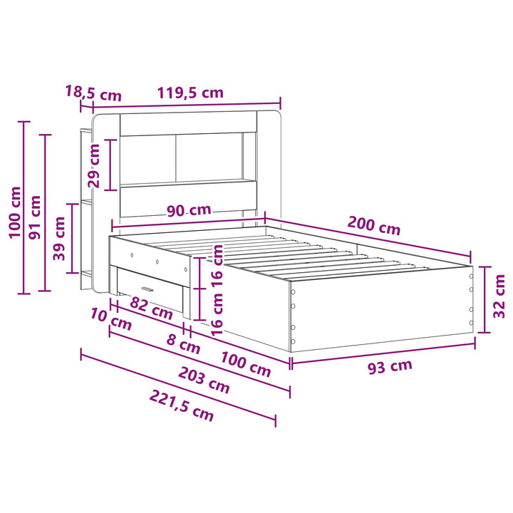 Sengestel med opbevaring Grå Sonoma 90 x 200 cm Konstrueret træ