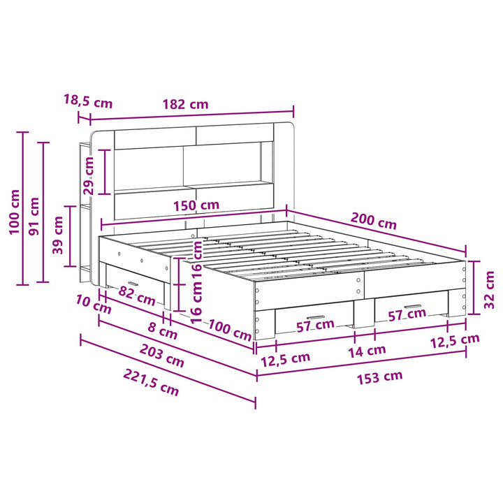 Sengestel med opbevaring Sonoma-eg 150 x 200 cm Konstrueret træ