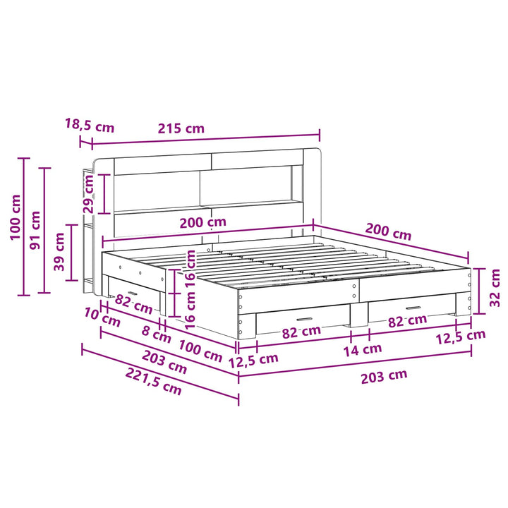 Sengestel med opbevaring Betongrå 200 x 200 cm Konstrueret træ