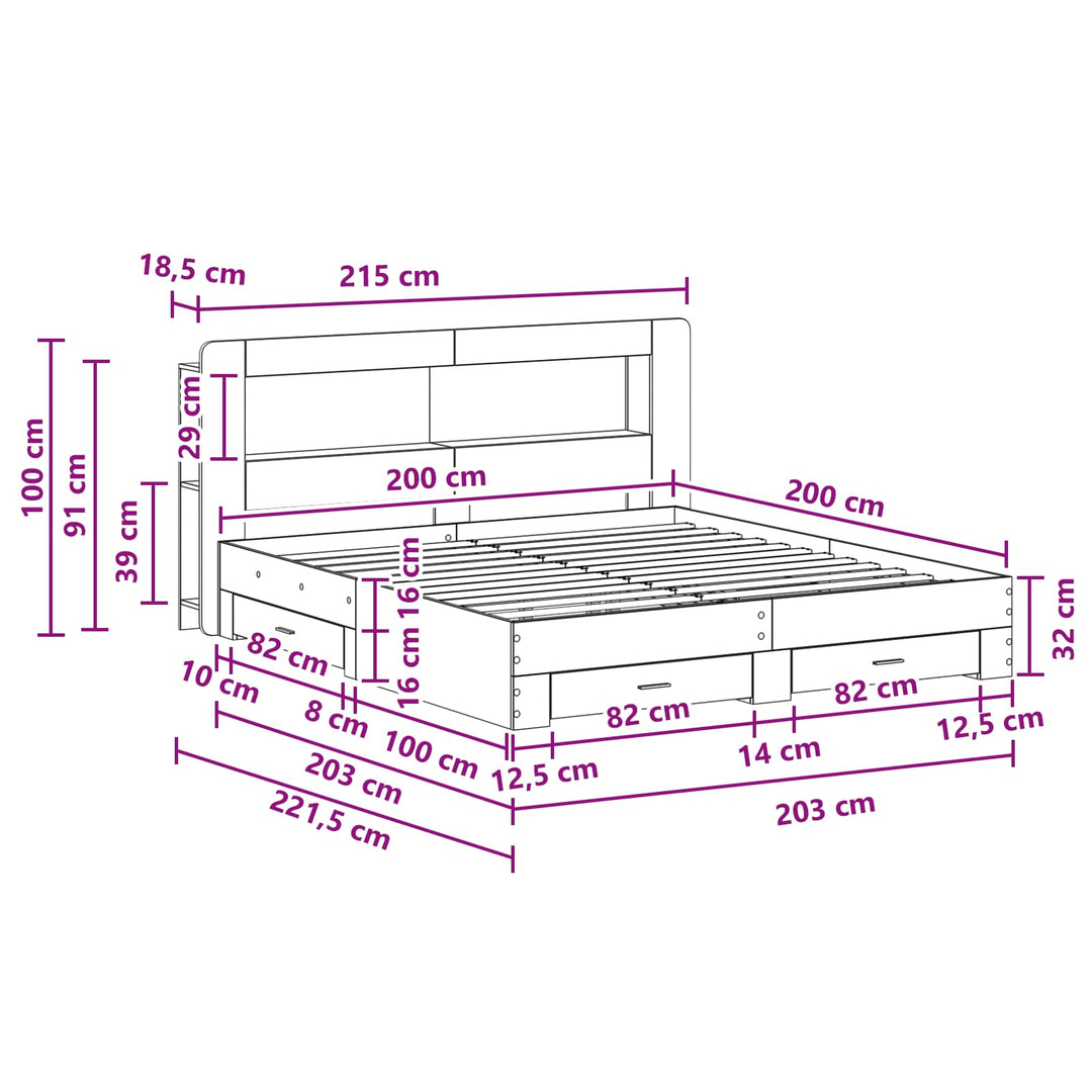 Sengestel med opbevaring med hovedgærde Grå Sonoma 200 x 200 cm
