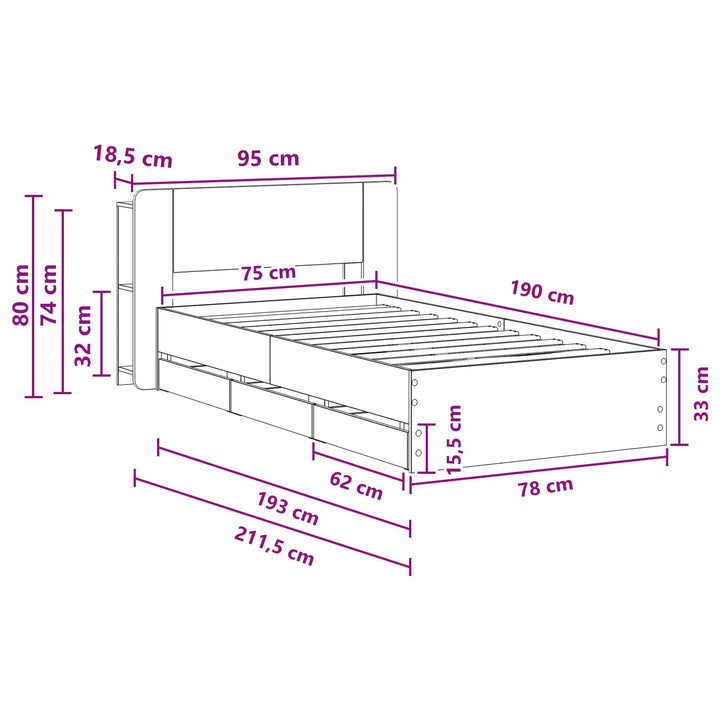 Sengestel med opbevaring og hovedgærde Røget eg 75 x 190 cm