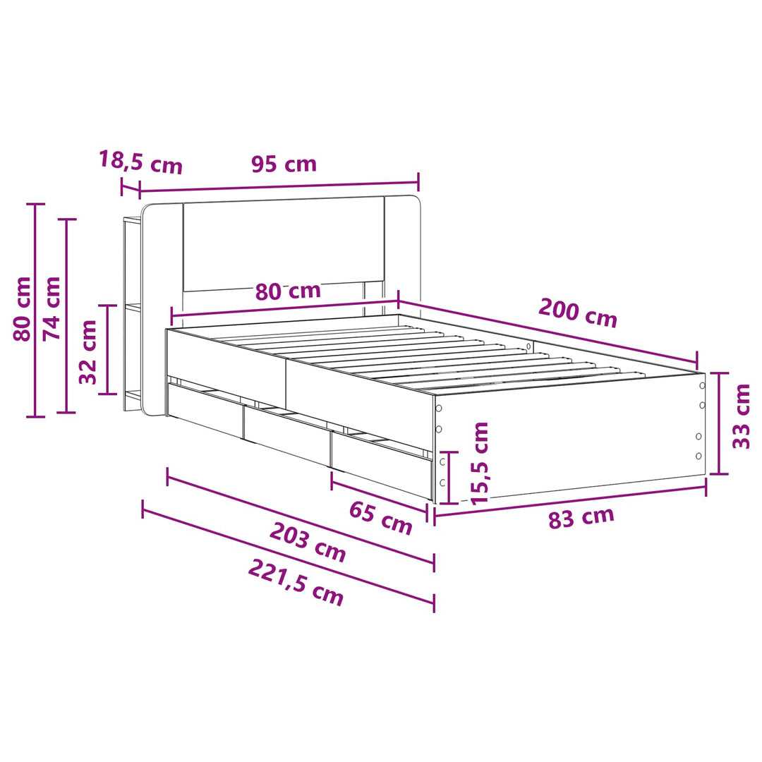 Sengestel med opbevaring og hovedgærde Sonoma-eg 80 x 200 cm