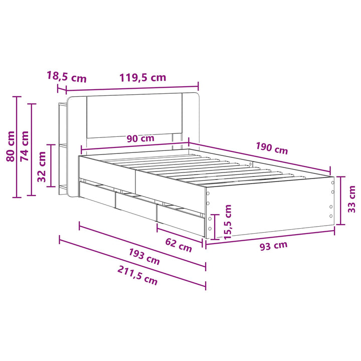 Sengestel med opbevaring og hovedgærde Betongrå 90 x 190 cm
