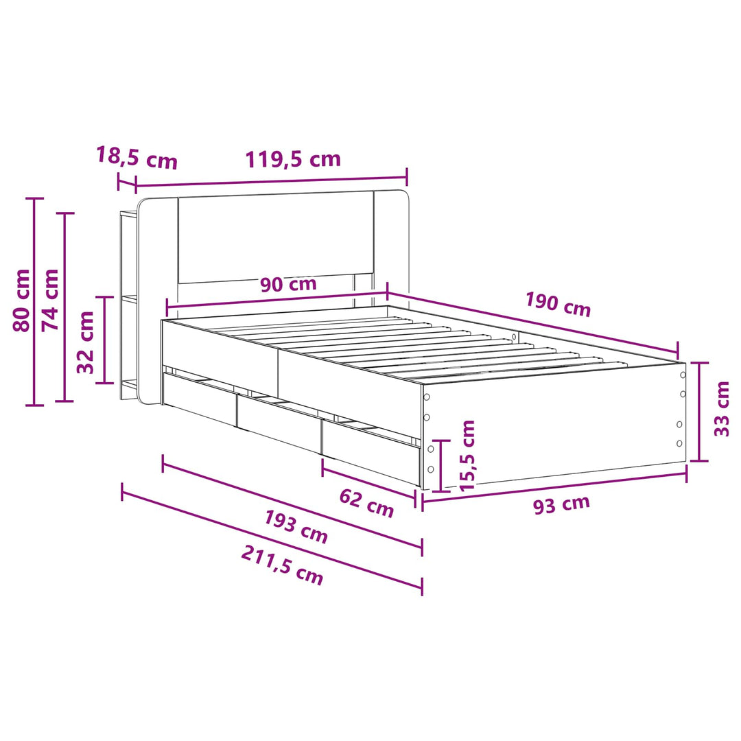 Sengestel med opbevaring og hovedgærde Røget eg 90 x 190 cm