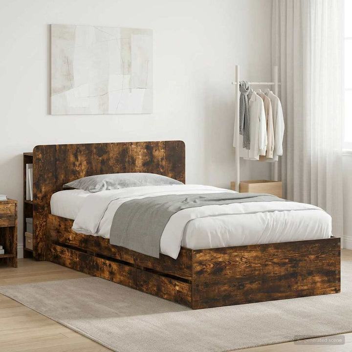 Sengestel med opbevaring og hovedgærde Røget eg 100 x 200 cm