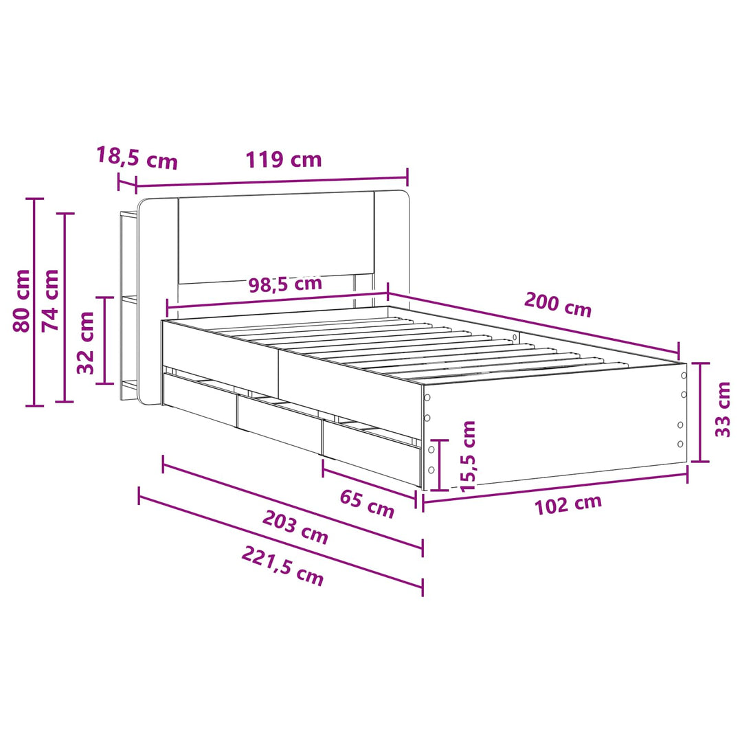 Sengestel med opbevaring og hovedgærde Røget eg 100 x 200 cm