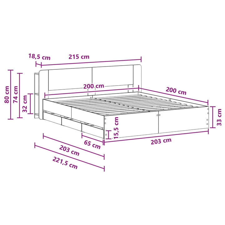 Sengestel med opbevaring og hovedgærde Grå Sonoma 200 x 200 cm