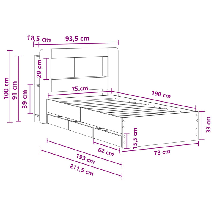 Sengestel med opbevaring og hovedgærde Sort 75 x 190 cm