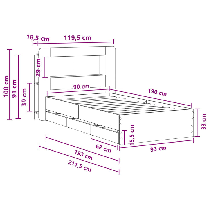 Sengestel med opbevaring og hovedgærde Betongrå 90 x 190 cm