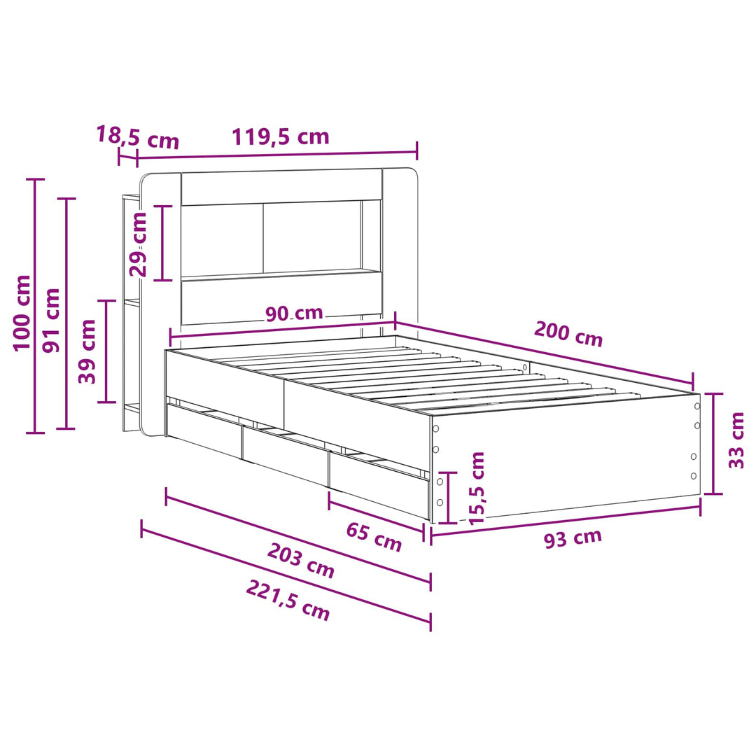 Sengestel med opbevaring og hovedgærde Røget eg 90 x 200 cm