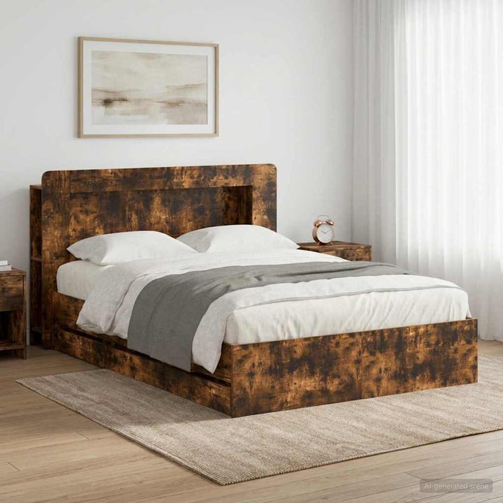 Sengestel med opbevaring og hovedgærde Røget eg 135 x 190 cm
