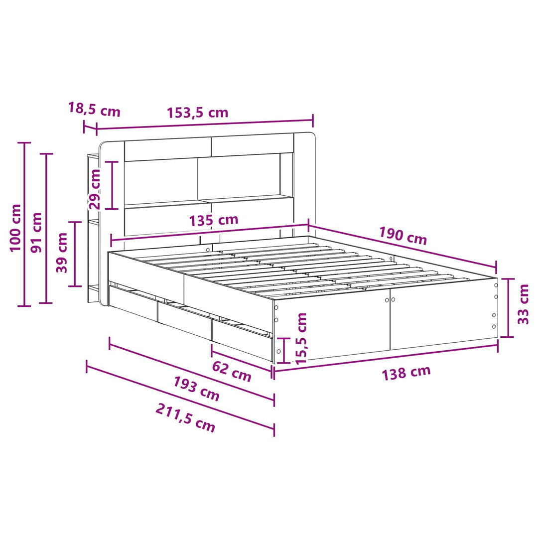 Sengestel med opbevaring og hovedgærde Røget eg 135 x 190 cm