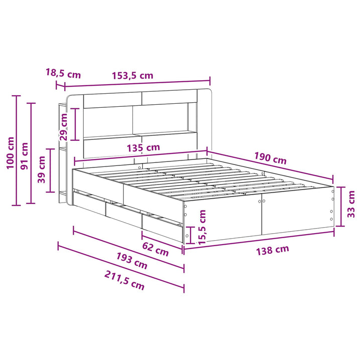 Sengestel med opbevaring og hovedgærde Røget eg 135 x 190 cm
