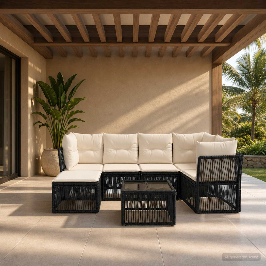 Havesofa Sæt 7 stk. Sort polyrattan