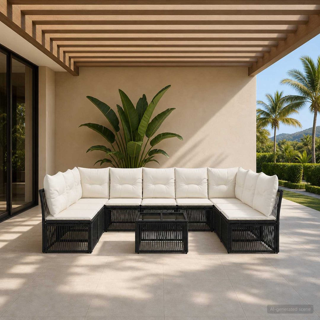 Havesofa Sæt 10 stk. Sort polyrattan