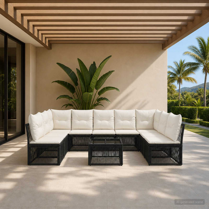 Havesofa Sæt 10 stk. Sort polyrattan