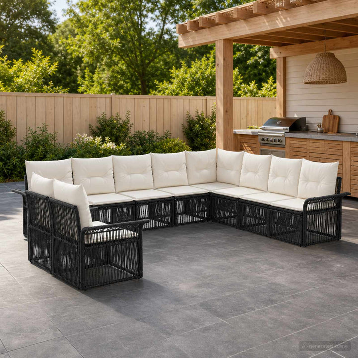 Havesofa Sæt 10 stk. Sort polyrattan