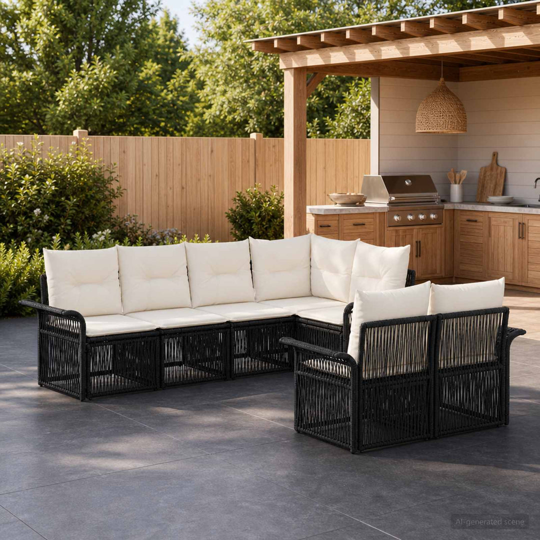 Havesofa Sæt 7 stk. 7-Antal sæder Sort polyrattan