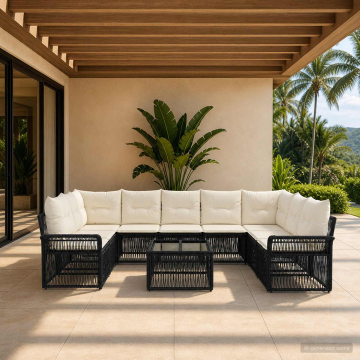 Havesofa Sæt 10 stk. Sort polyrattan