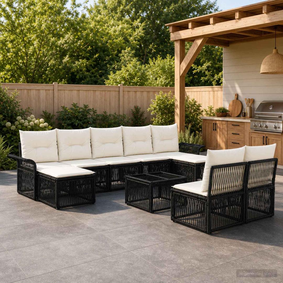 Havesofa Sæt 10 stk. Sort polyrattan
