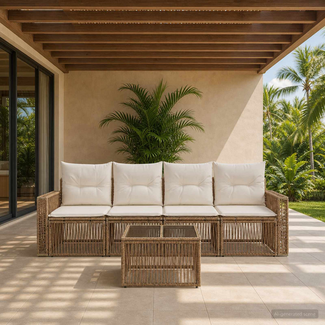 Havesofa Sæt 5 stk. Beige og cremehvid polyrattan