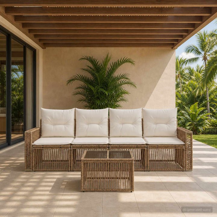 Havesofa Sæt 5 stk. Beige og cremehvid polyrattan