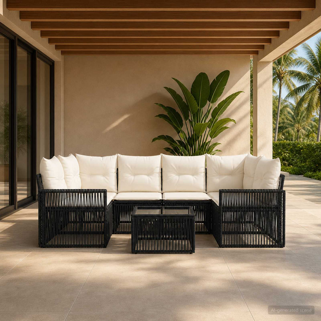 Havesofa Sæt 7 stk. Sort polyrattan