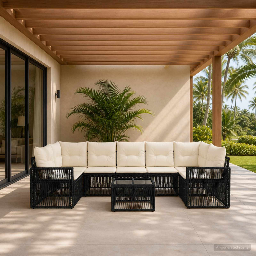 Havesofa Sæt 8 stk. Sort polyrattan