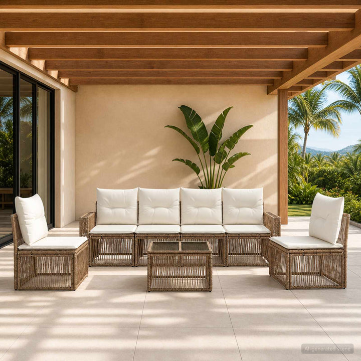 Havesofa Sæt 7 stk. Beige og cremehvid polyrattan