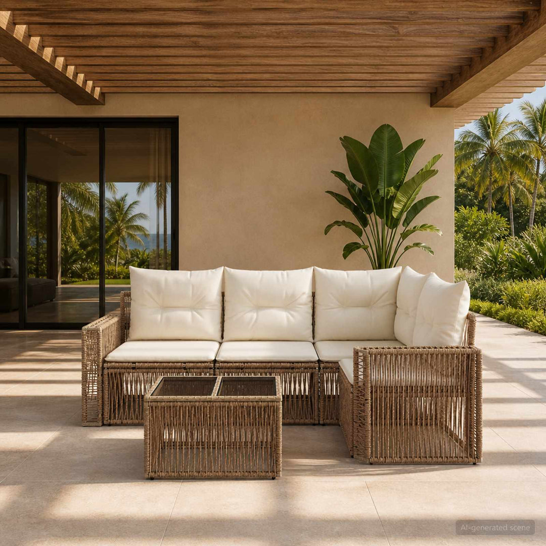 Havesofa Sæt 5 stk. Beige og cremehvid polyrattan