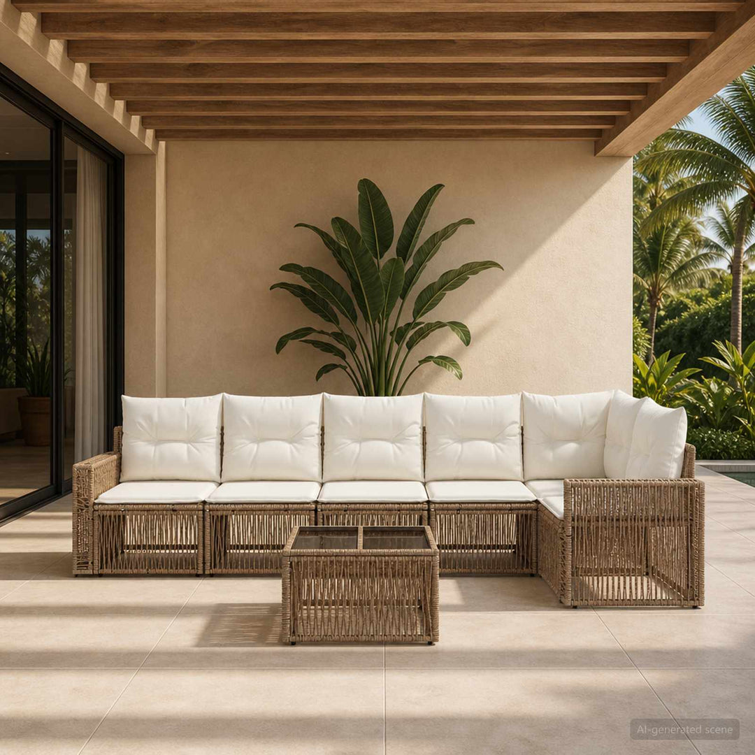 Havesofa Sæt 7 stk. Beige og cremehvid polyrattan