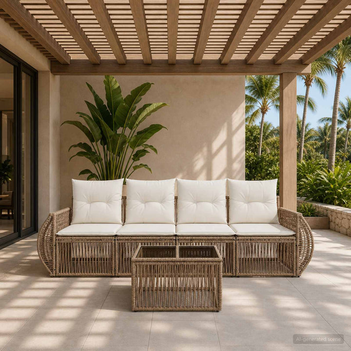 Havesofa Sæt 5 stk. Beige og cremehvid polyrattan