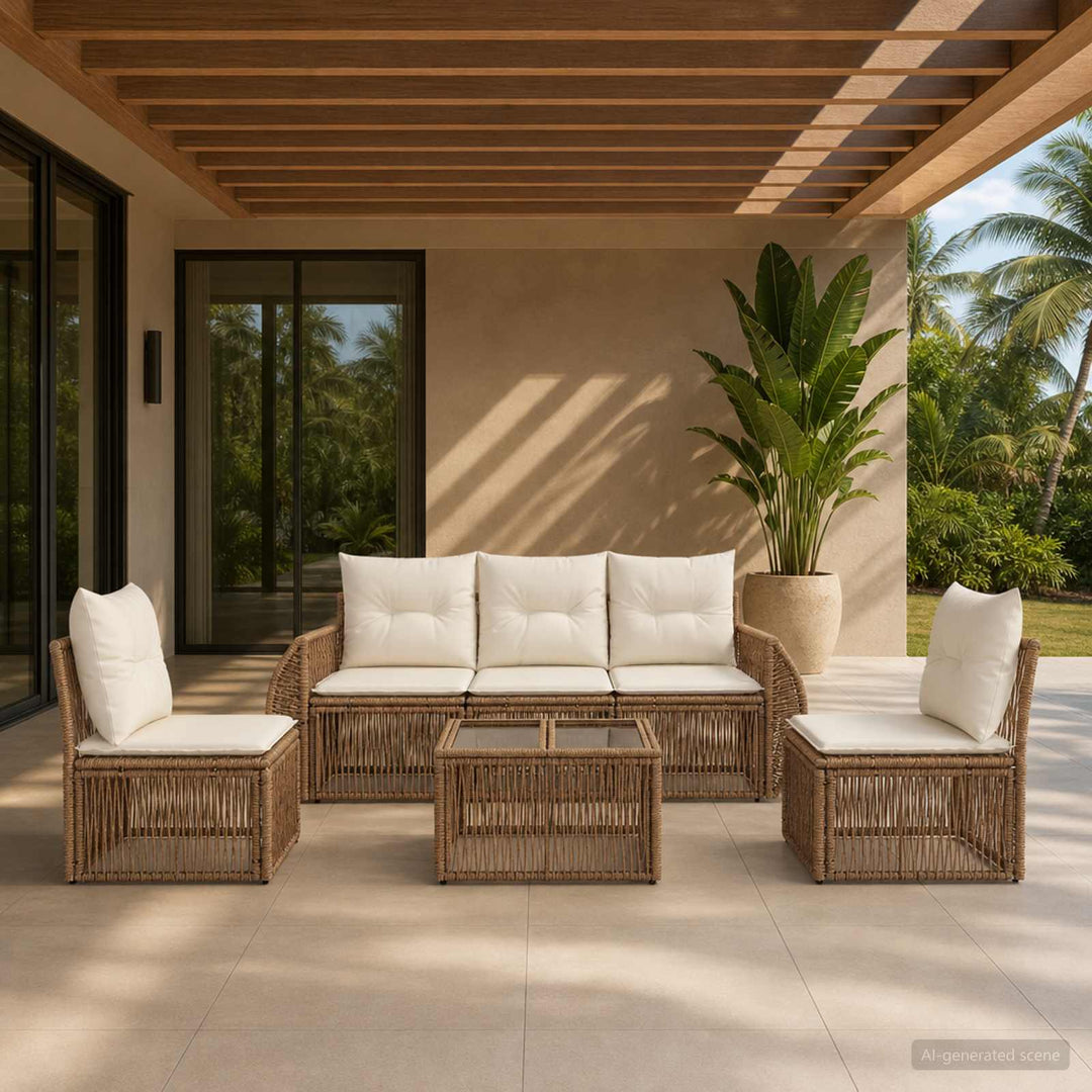Havesofa Sæt 6 stk. Beige og cremehvid polyrattan