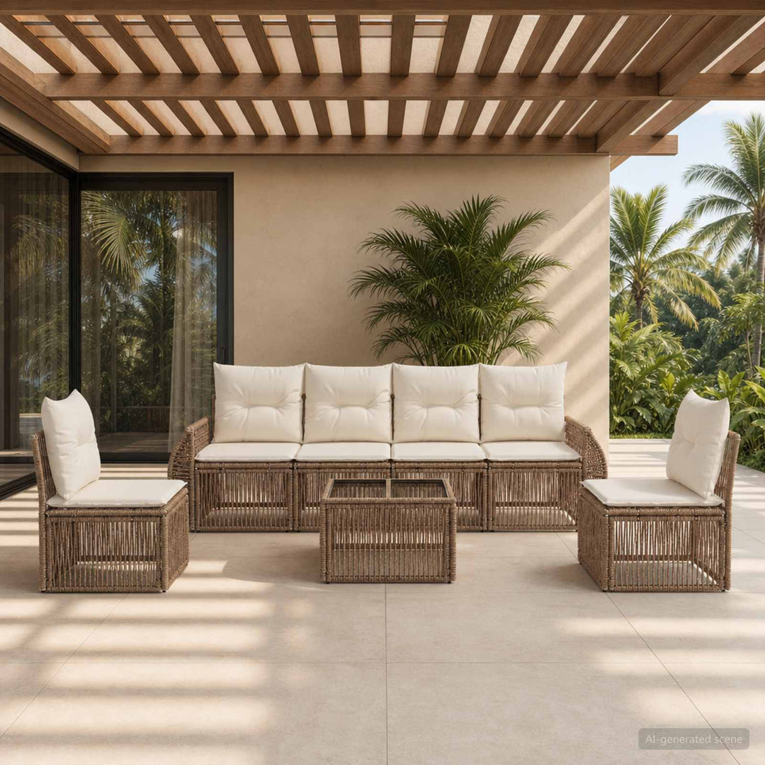 Havesofa Sæt 7 stk. Beige og cremehvid polyrattan