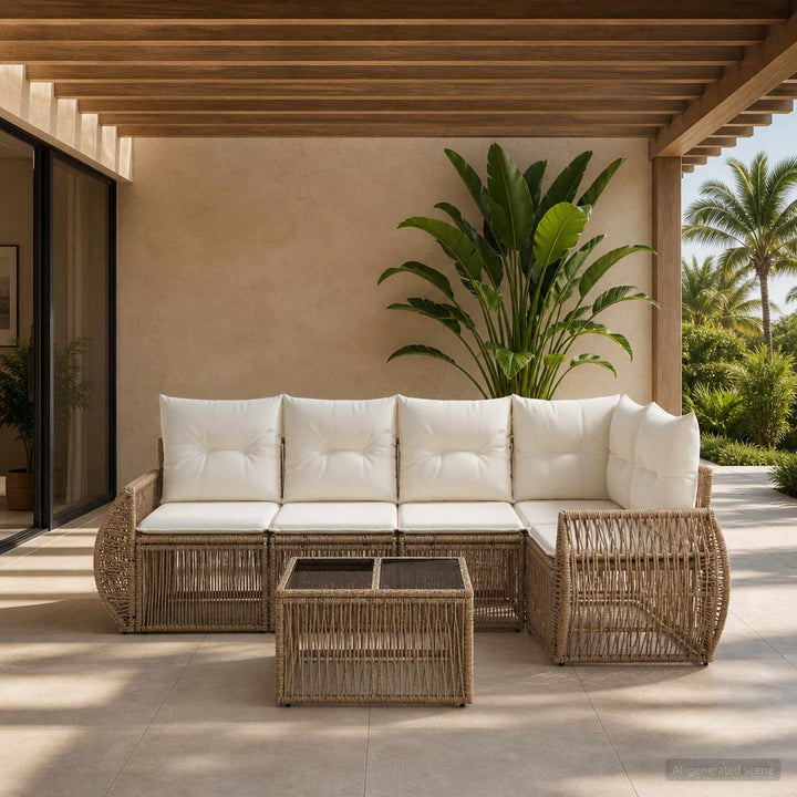 Havesofa Sæt 5 stk. Beige og cremehvid polyrattan