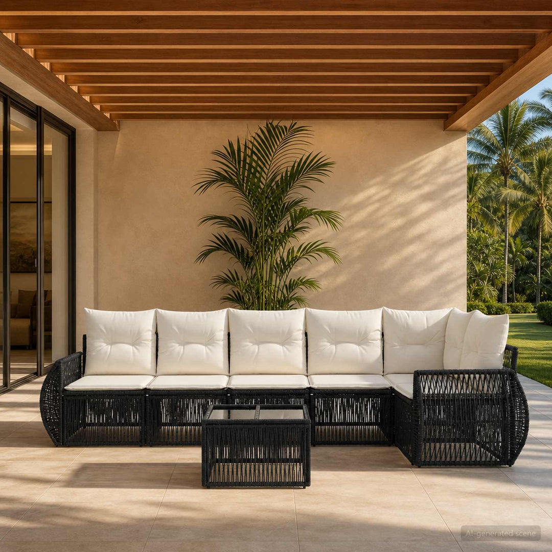 Havesofa Sæt 7 stk. Sort og Cremehvid polyrattan