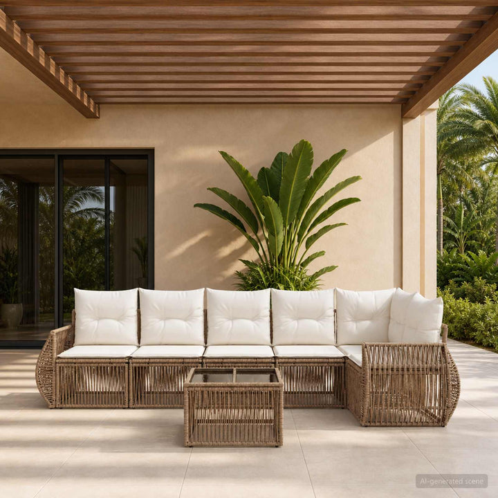 Havesofa Sæt 7 stk. Beige og cremehvid polyrattan