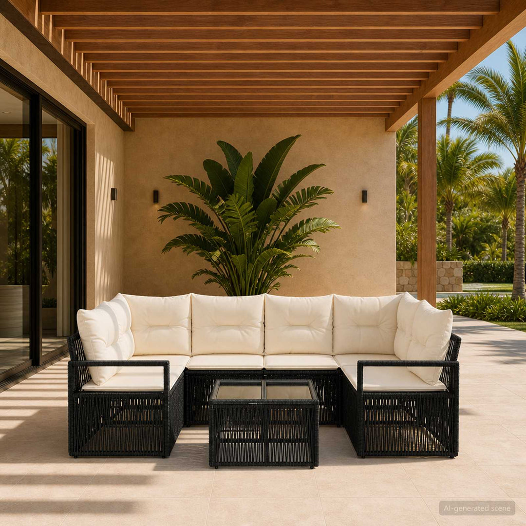 Havesofa Sæt 7 stk. Sort polyrattan