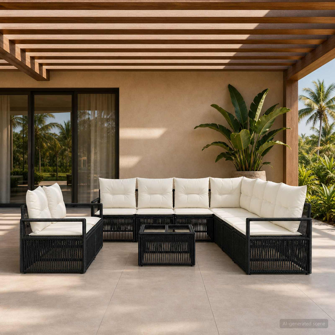 Havesofa Sæt 10 stk. Sort polyrattan