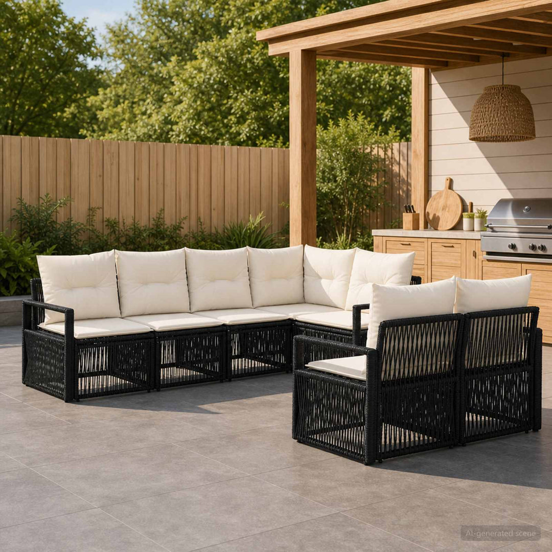 Havesofa Sæt 7 stk. 7-Antal sæder Sort polyrattan