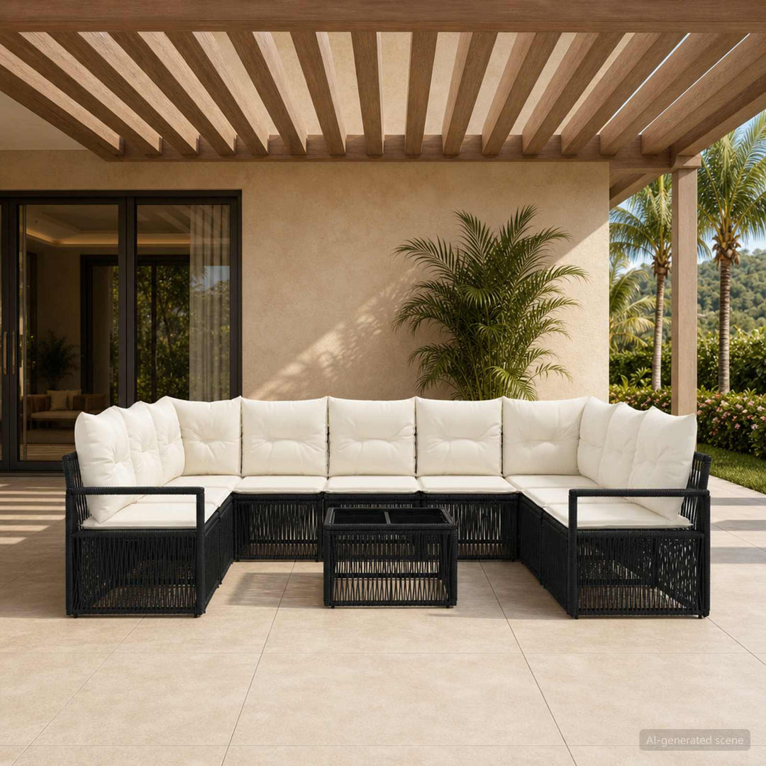 Havesofa Sæt 10 stk. Sort polyrattan