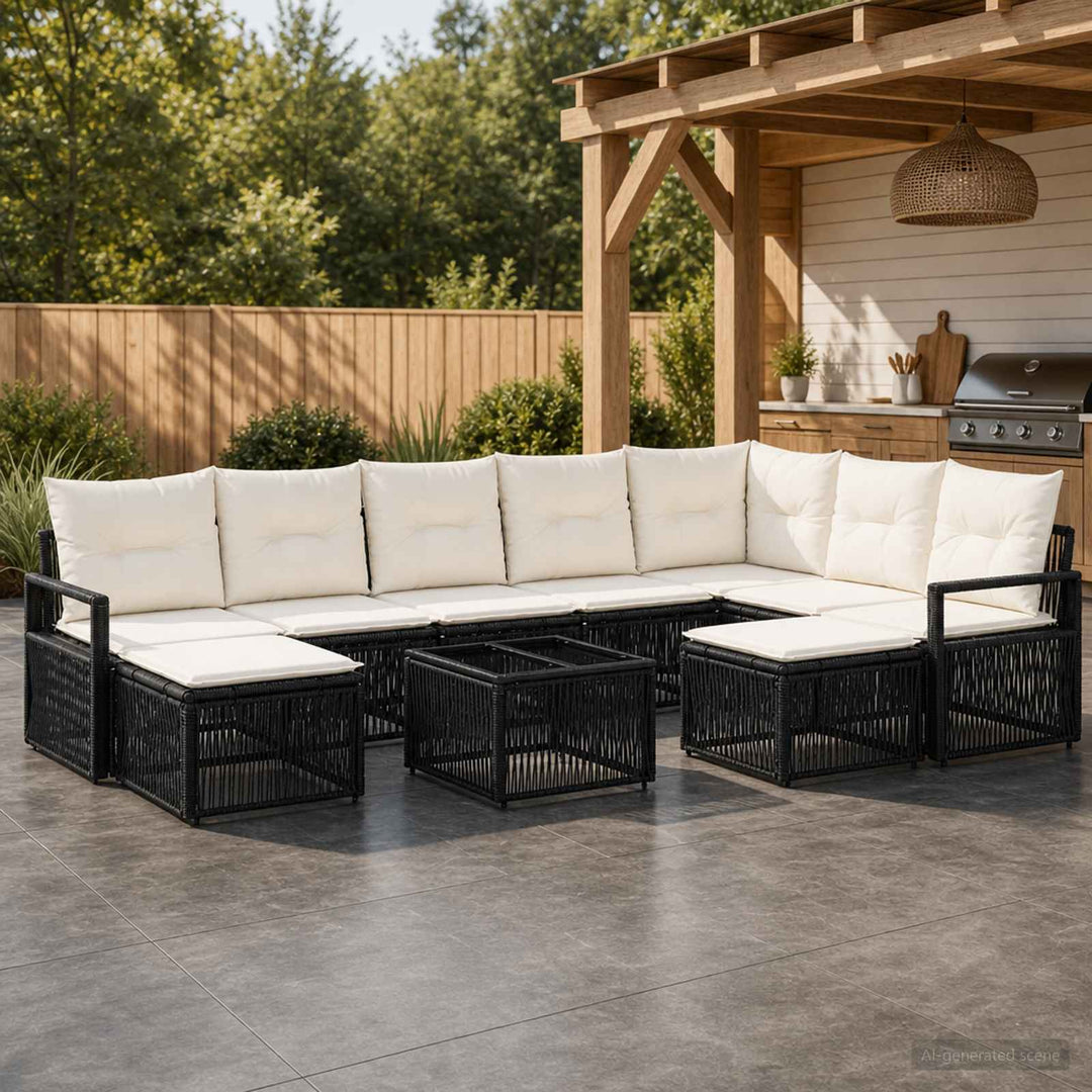 Havesofa Sæt 10 stk. Sort polyrattan