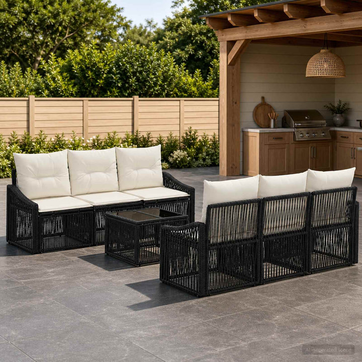 Havesofa Sæt 7 stk. Sort polyrattan