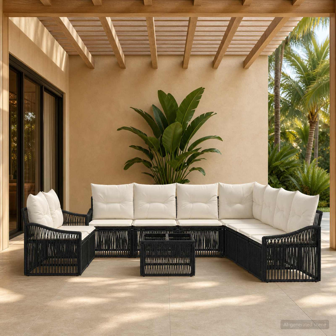 Havesofa Sæt 10 stk. Sort polyrattan