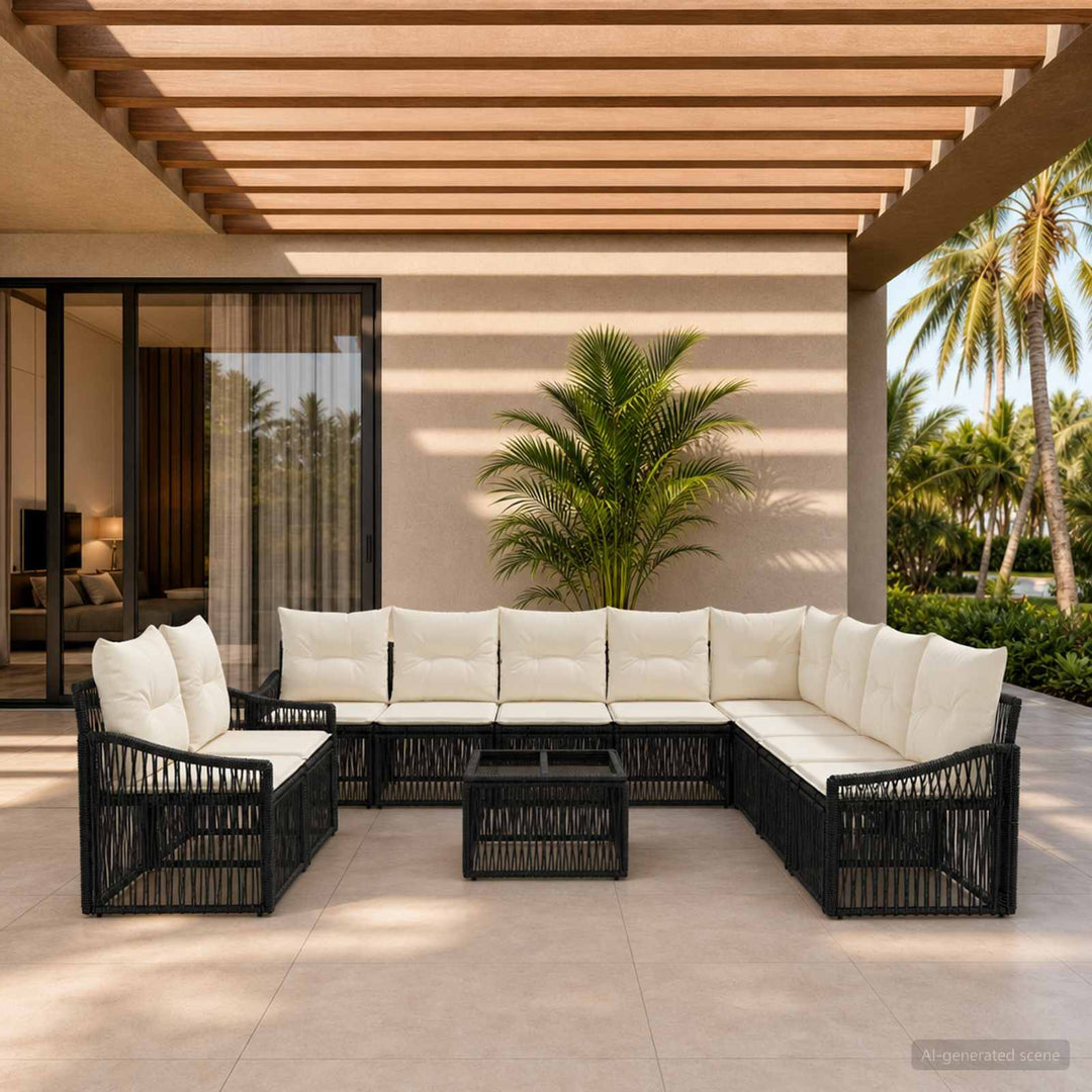 Havesofa Sæt 11 stk. Sort polyrattan