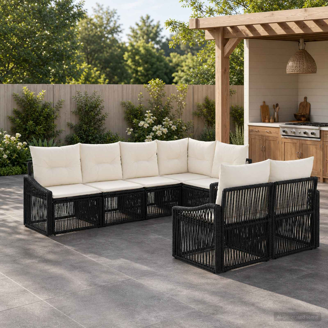 Havesofa Sæt 7 stk. 7-Antal sæder Sort polyrattan