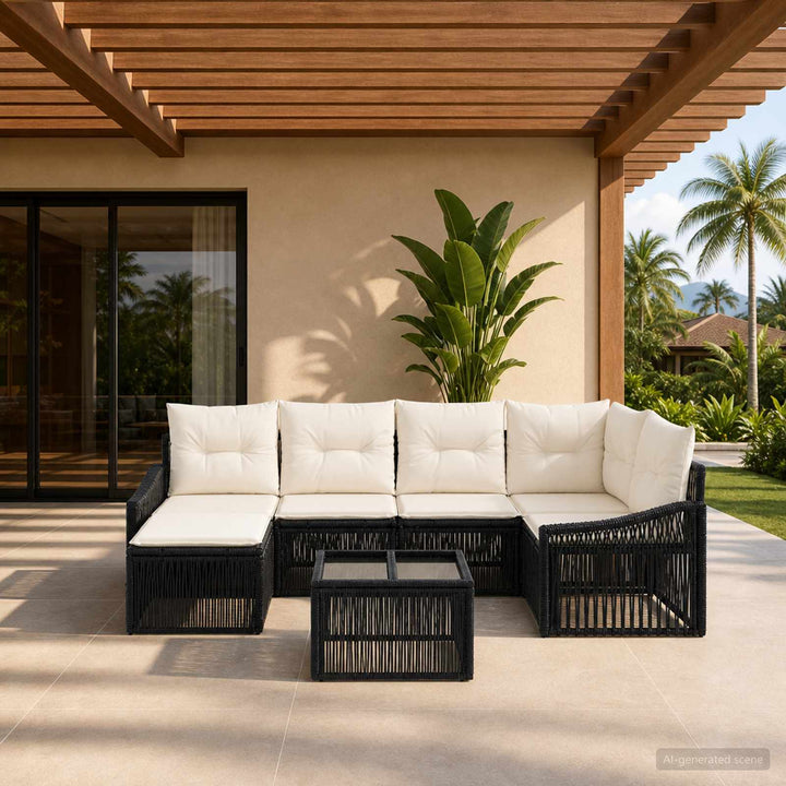 Havesofa Sæt 7 stk. Sort polyrattan