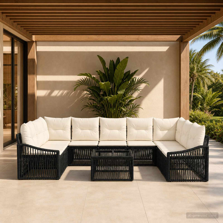 Havesofa Sæt 10 stk. Sort polyrattan